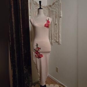 Pink Maxi Dress With Embroidered Flowers